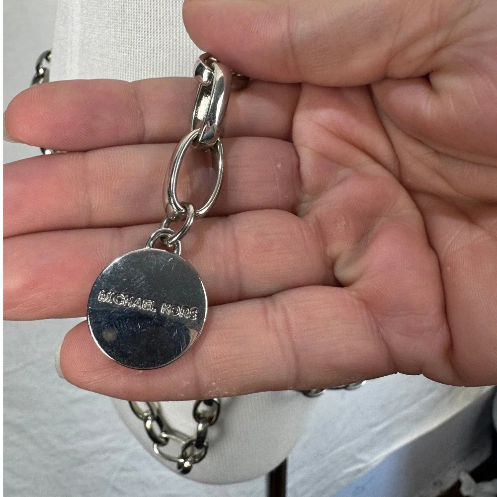 Michael Kors Silver Chain Belt Adjustable Logo Charm One‎ Size 46.5 Inch Long